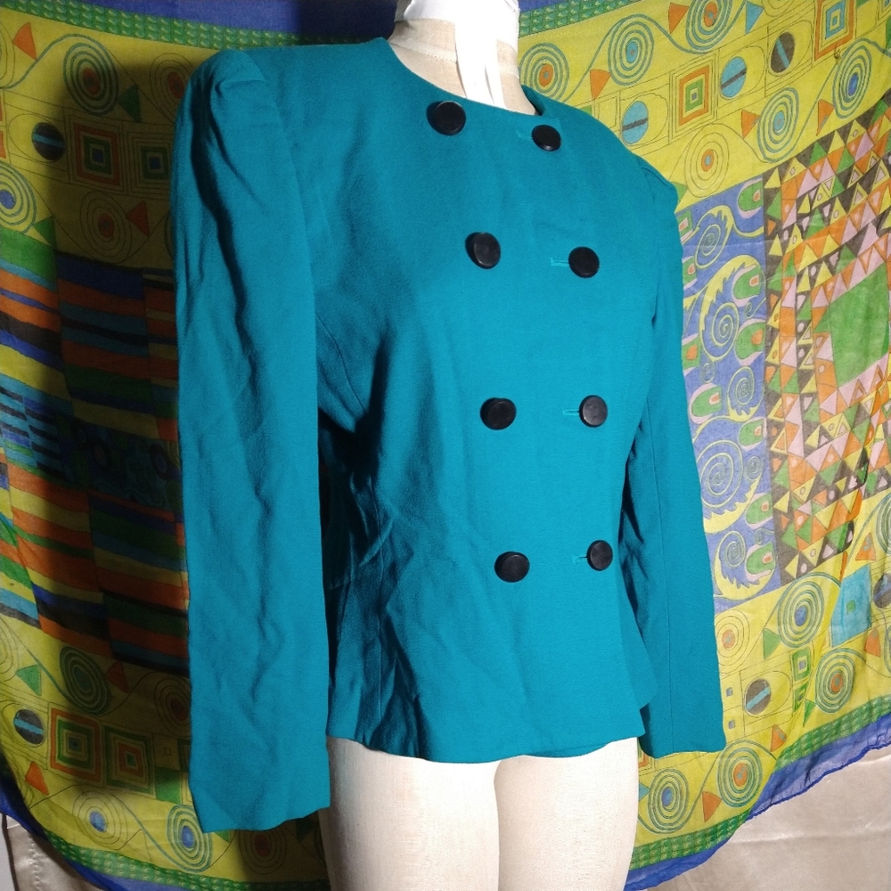 Vintage 80s Bright Turquoise Teal Double Breasted Tailored Fit Power Suit Blazer